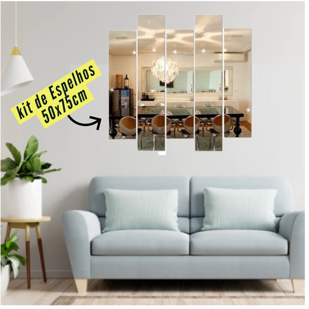 Espelho Decorativo Retangular Kit 5 Peças Vidro Cristal 2mm Luxo - Detalhes e Fixação - Ricaly