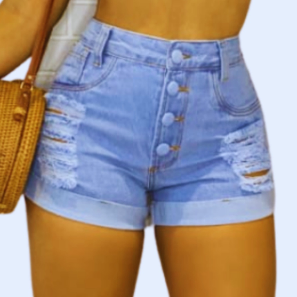 Shorts Jeans Feminino Cintura Alta Cos Alto Desfiado Destroyed Lancamento