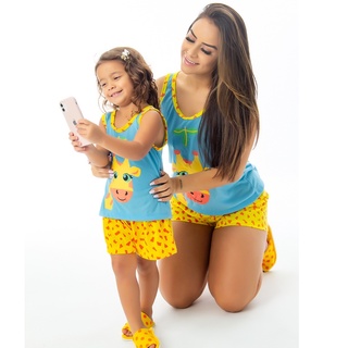 Kit 2 Short Doll Girafa Mãe e Filha Pijama Curto Verão Regata