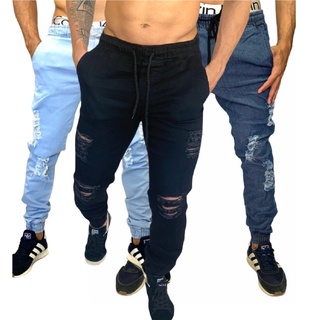 Calças Jogger Kit 3 Sarja e Jeans Masculina preta clara e escuras lisas e rasgadas Com LYCRA Com Elástico e Cordão de ajuste