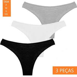Kit com 3 Calcinhas Conforto Algodão Modelo Tanga Branca Preta Cinza Fio Dental mazela