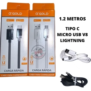 Cabo Carregador Reforçado A Gold Turbo 1.2 Metros Apple Iphone V8 Tipo C