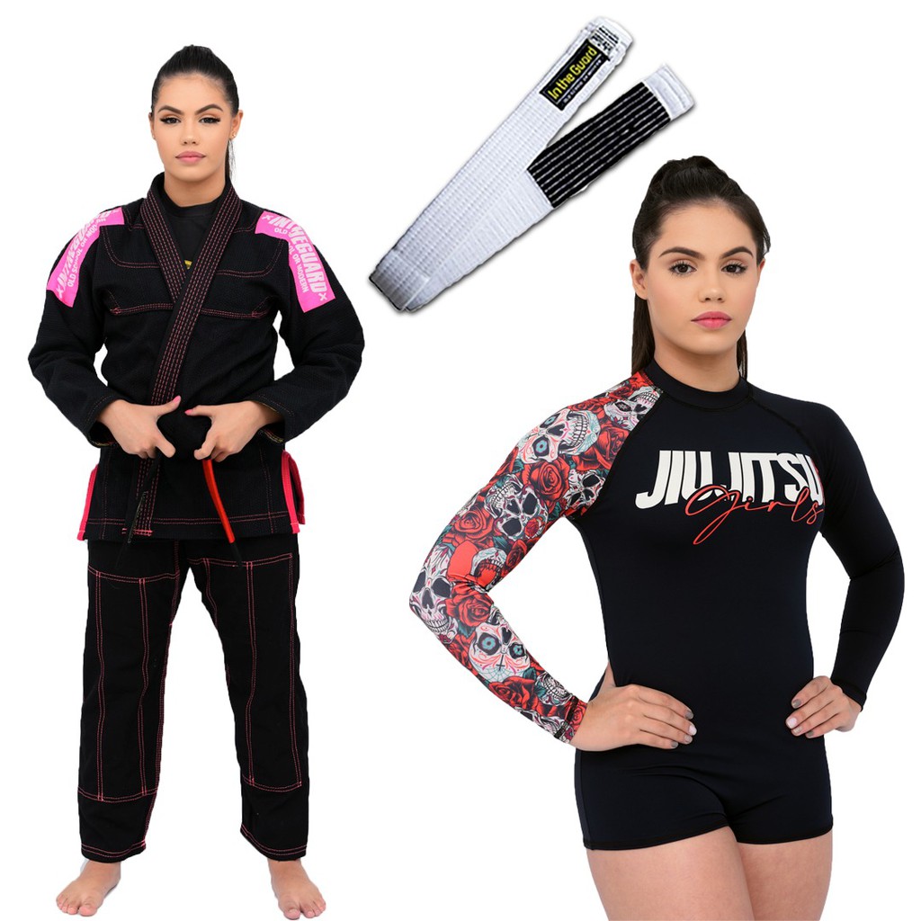 Kimono Jiu Jitsu, Kimono feminino Jiu Jitsu + Body Feminino + Faixa com Ponteira