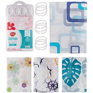 Cortina De Box De Plastico Vinil Estampas Sortidas Com 12 Ganchos 180x180 Cm