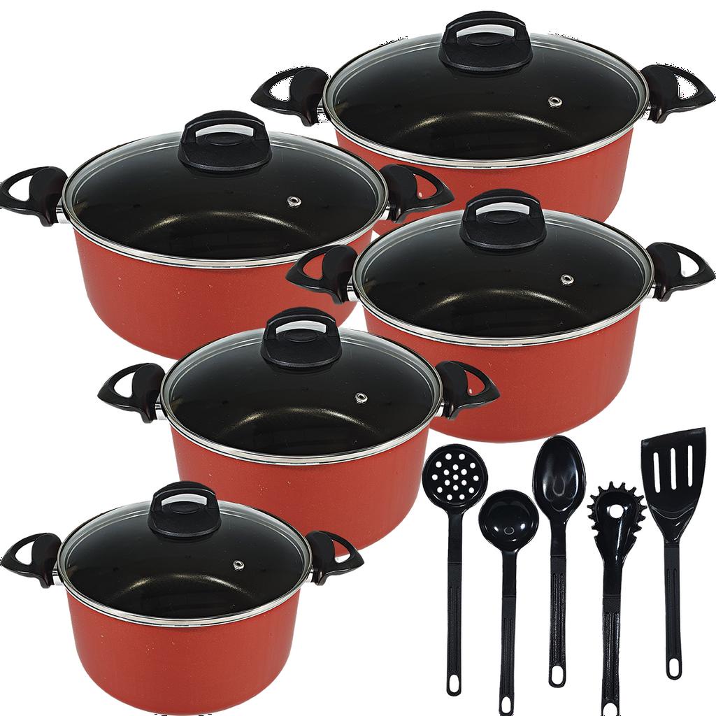 Jogo De Panelas Caçarolas Plus 16 a 24 Antiaderente 5 Camadas De Teflon e Kit Utensílios Cor Vermelho