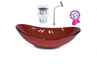 CUBA DE VIDRO OVAL 47CM VERMELHO CEREJA + VÁLVULA CLICK + TORNEIRA DE METAL
