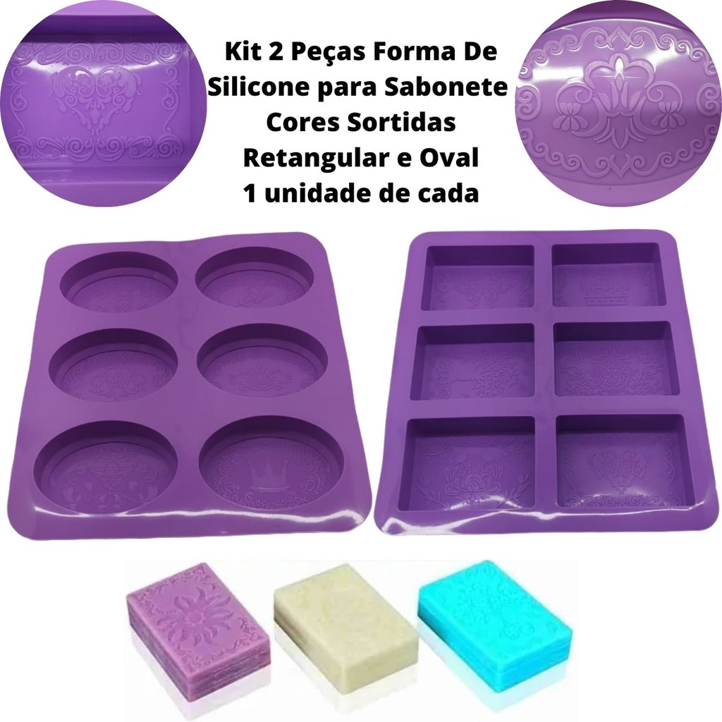 Kit 2 Peças Forma De Silicone Molde para Sabonete Retangular e Oval Cores Sortidas 6 Cavidades Sabonetes Artesanais