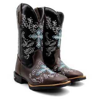 Bota Texana Country Feminina Cruz Florida Café Com Bordado Promoção