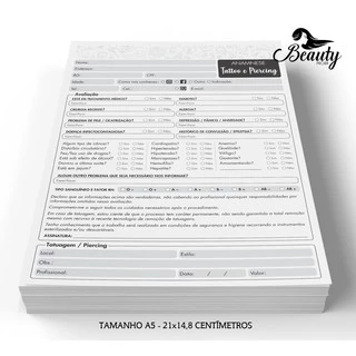 Bloco Ficha De Anamnese para Tatuagem e Piercing / Tattoo - Monocromático