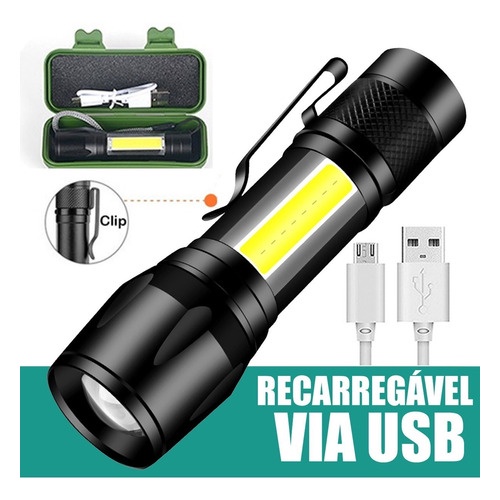 Mini Lanterna Tática Com Led E Zoom Recarregável USB