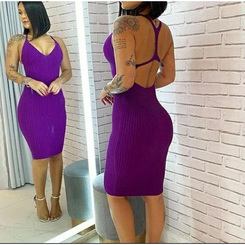 Vestido Canelado Liso Com Alça Moda Tricot Roupas Femininas