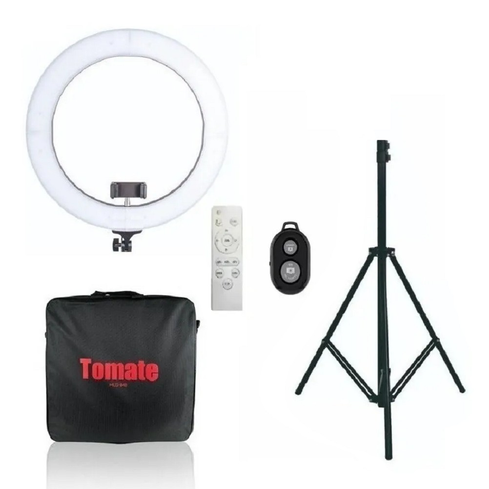 Ring Light Tomate MLG- 048A Rl18 80w 448 Leds 48cm Tripe 2m Reclinavel Anel Luz Bicolor Com Controle Remoto