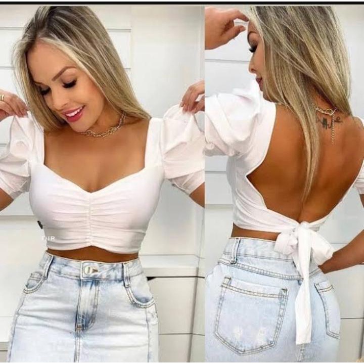 Blusa Feminina Cropped Manga Curta Decote V Linha Luxo - Compre