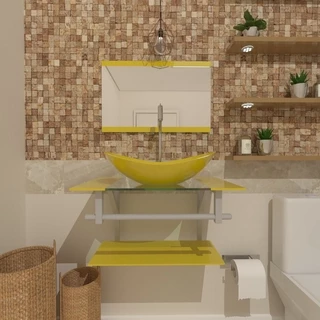 Combo 2 Em 1 Gabinete De Vidro 60cm Ac Com Cuba Oval + Torneira Algarve - Amarelo