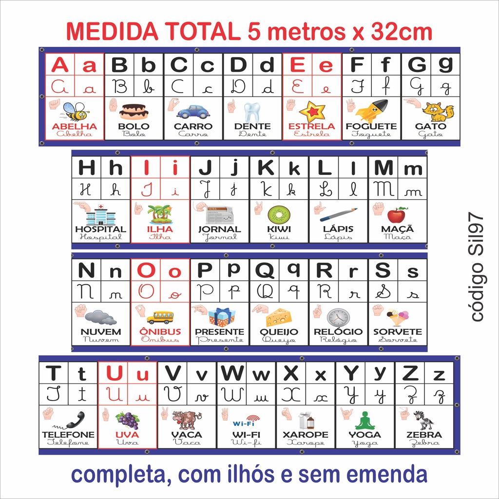 Banner Pedagógico Alfabeto 4 Tipos de Letra Cursiva Bastão
