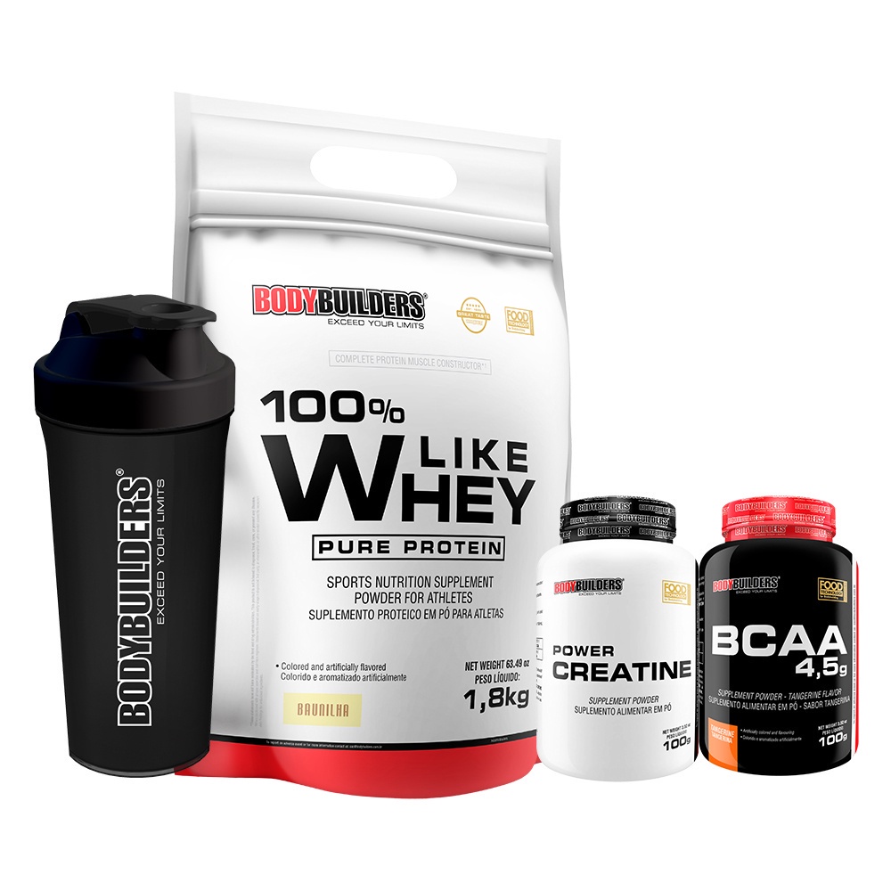 Kit 100% Like Whey Pure Protein 1,8kg + Power Creatina 100g + BCAA 4,5 100g + Coqueteleira – Aumento de Força Muscular – Bodybuilders