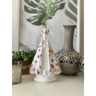 nossa senhora aparecida 25 cm manto mini Flores coloridas rosas gesso decorada