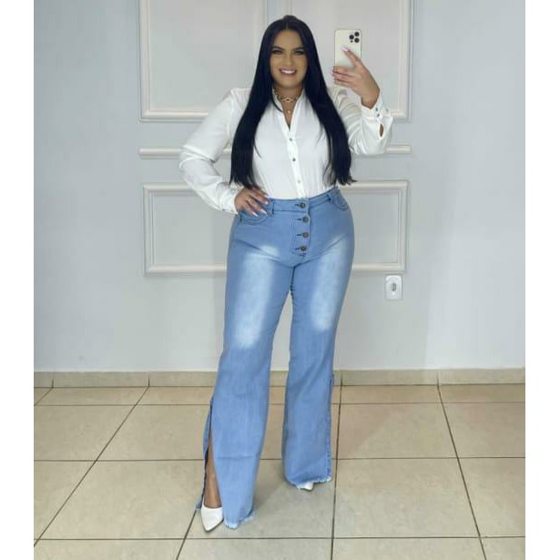 Calça Flare Plus Size Azul Jeans Com Botões