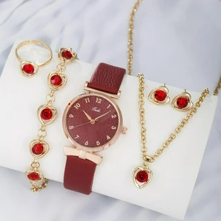 Relógio Clássico Retro Digital de Pulso Clássico de Quartzo +5 Peças em Forma de Coração Conjunto de Jóias de Rhinestone