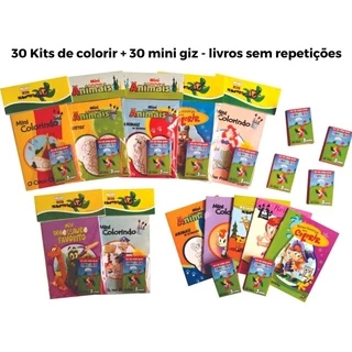 30 Kits Livros De Colorir / Atividades Variados + 30 Mini Giz de Cera 5 Cores Embalados Lembrancinhas Brindes Festas