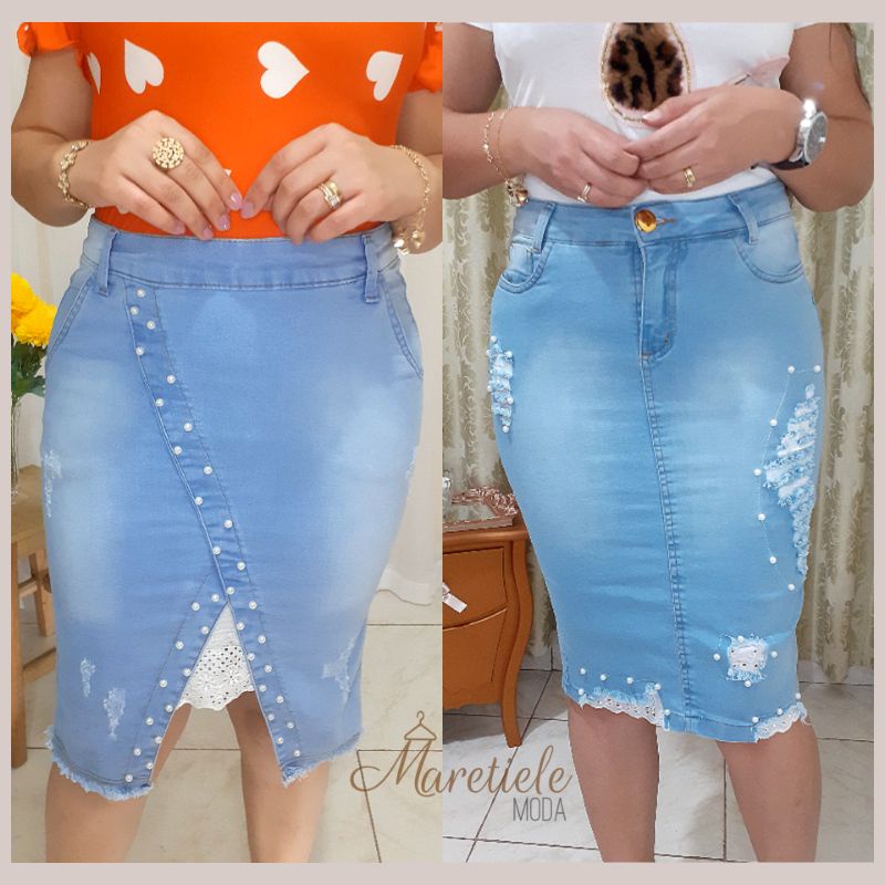 Saia jeans com renda best sale na lateral