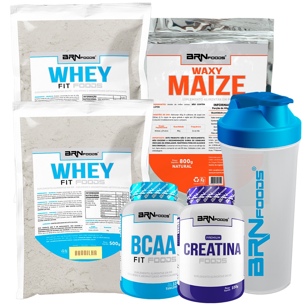 Kit 2x Whey Protein Concentrado em Blend 500g + PREMIUM Creatina 100g + BCAA Fit 100g + Waxy Maize 800g + Coqueteleira – BRN Foods