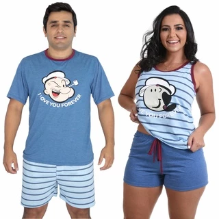 Kit 2 Pijama Casal Curto Baby Doll Feminino e Manga Masculino Curto Verão Personagem