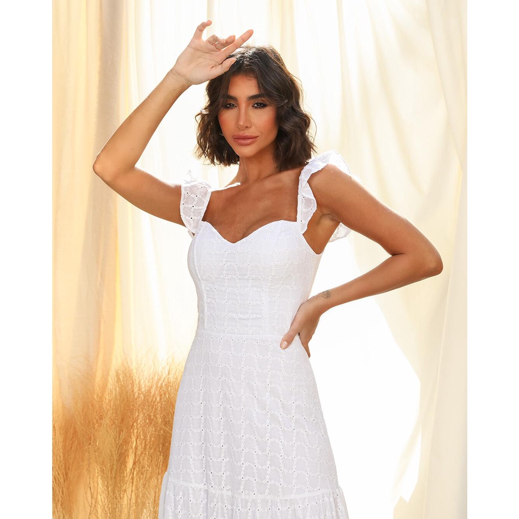 Vestido Dot longo de laise com alça babado Branco