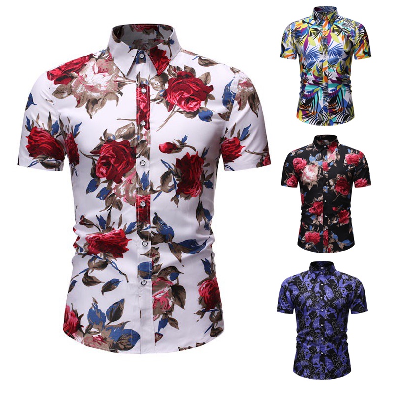 Camisa Branca Masculina Floral Moda Praia de Botão Havaiana