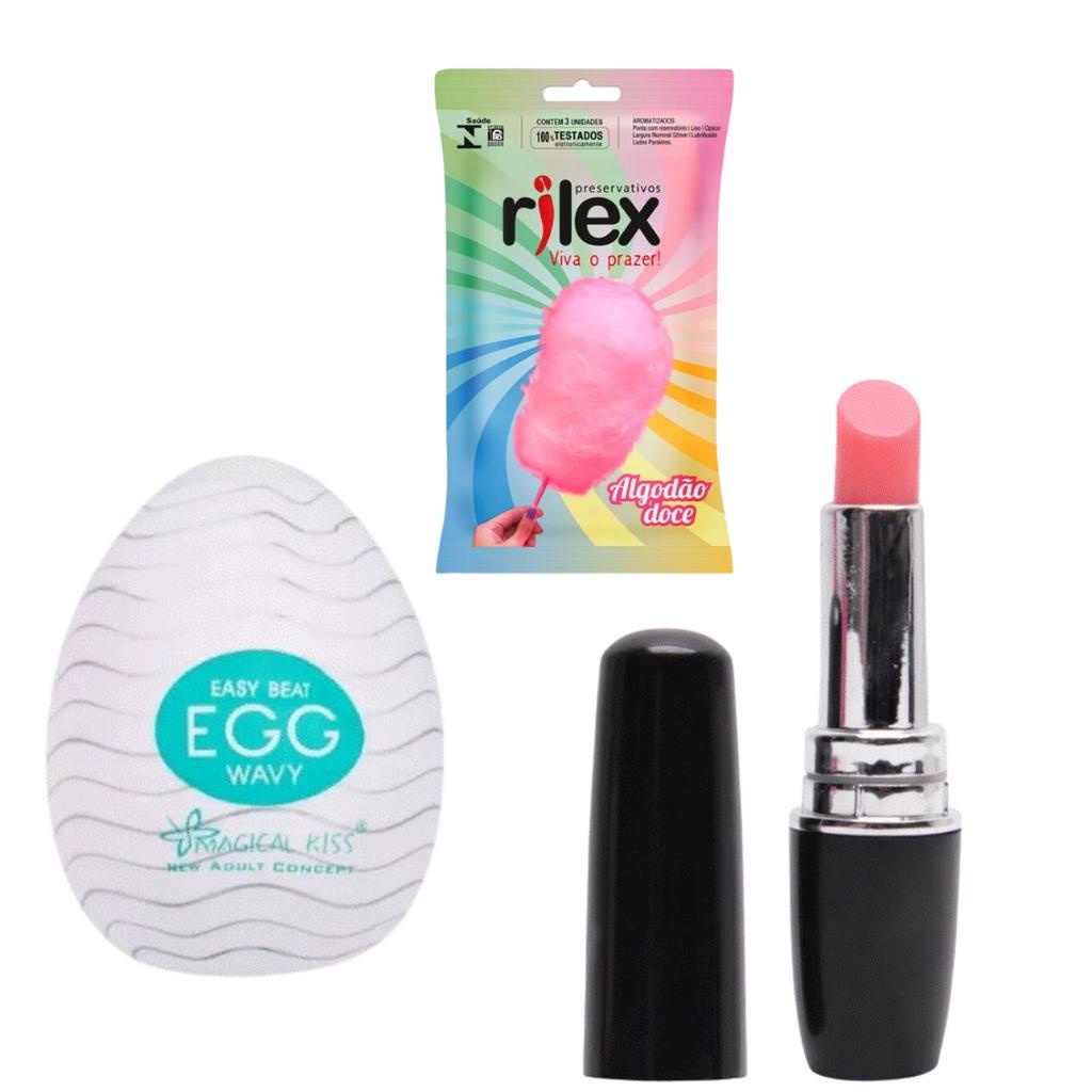 Kit Masturbador Masculino Egg Ovo Ovinho Magical Kiss + Preservativo  Camisinha Rilex Com 3 Unidades + Vibrador Feminino Batom Lipstick