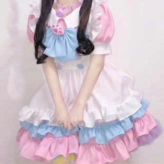 Lolita Cosplay Fantasias para Estudante, Pata do Gato Kawaii, Avental Rosa,  Roupas de Empregada, Ruffles de