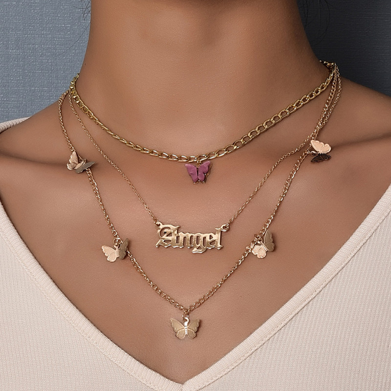 Sweet Women Fashion Letter Angel Necklace for Women Acrylic Butterfly Multilayer Choker Necklace Clavicle Party Jewelry Shopee Brasil