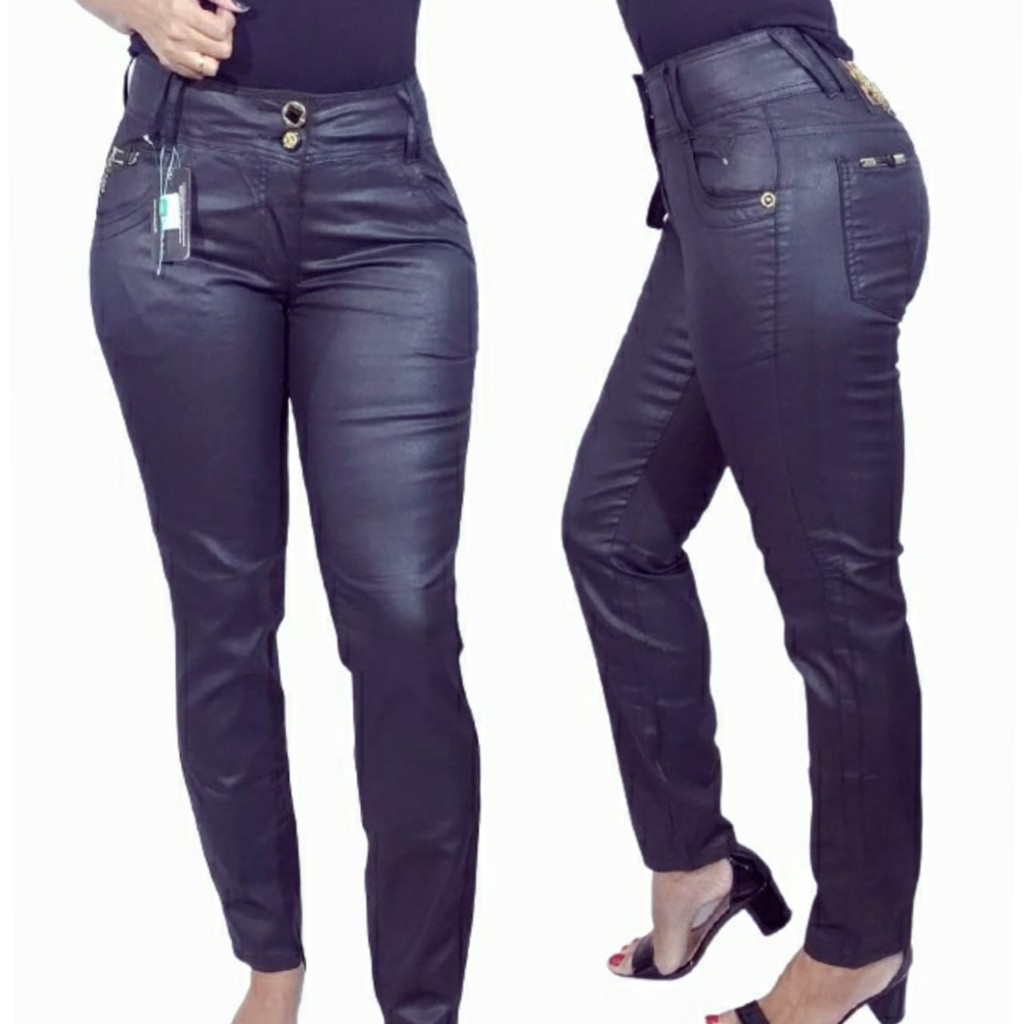 Calça jeans preta resinada hot sale feminina