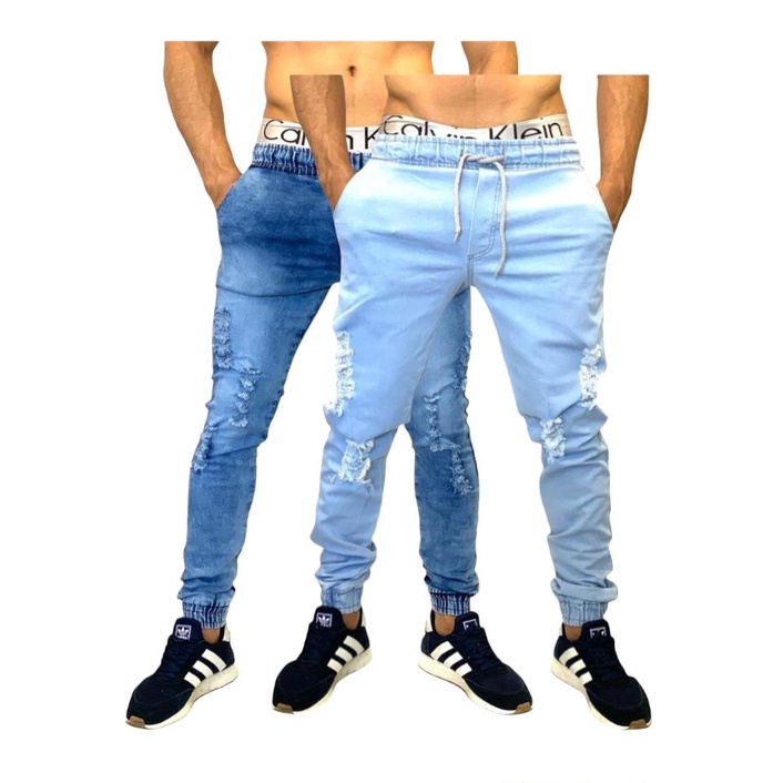 Calça Jogger Jeans Sarja Masculina Com Punho Cós Elástico - Azul Escuro