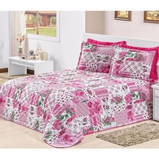 Kit Colcha Cobre Leito Dupla Face Matelado Estampado Cama Box Casal Padrão Queen Fronhas Coloridas  3 Peças