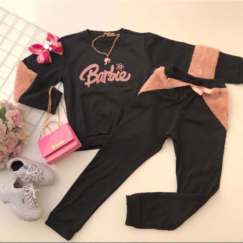 vestido de moletom infantil barbie com paetê e capuz preto - C&A