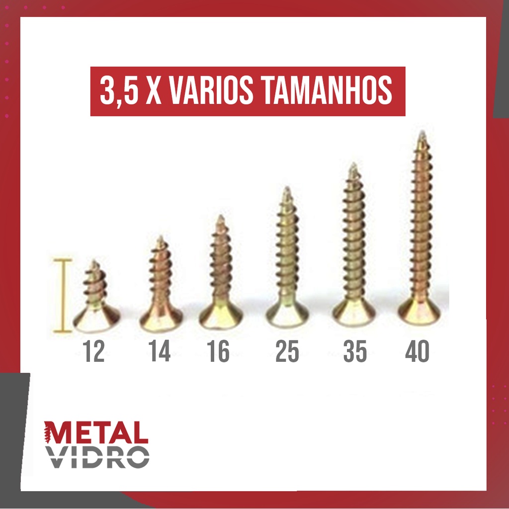Parafusos Chipboard 3.5mm Cab.Chata Moveis Gavetas Prateleiras Madeira Marcenaria MDF 100 Peças Diversos Tamanhos
