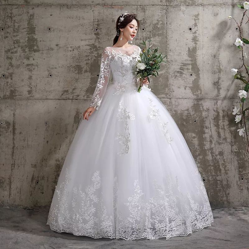 Vestido de Noiva Princesa com Aplique em Renda Manga Longa Vestido de  Casamento Rodado (52)