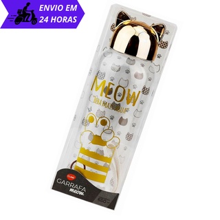 Garrafa squeeze Meow gatinho com alça 650ml transparente com tampa gatinho