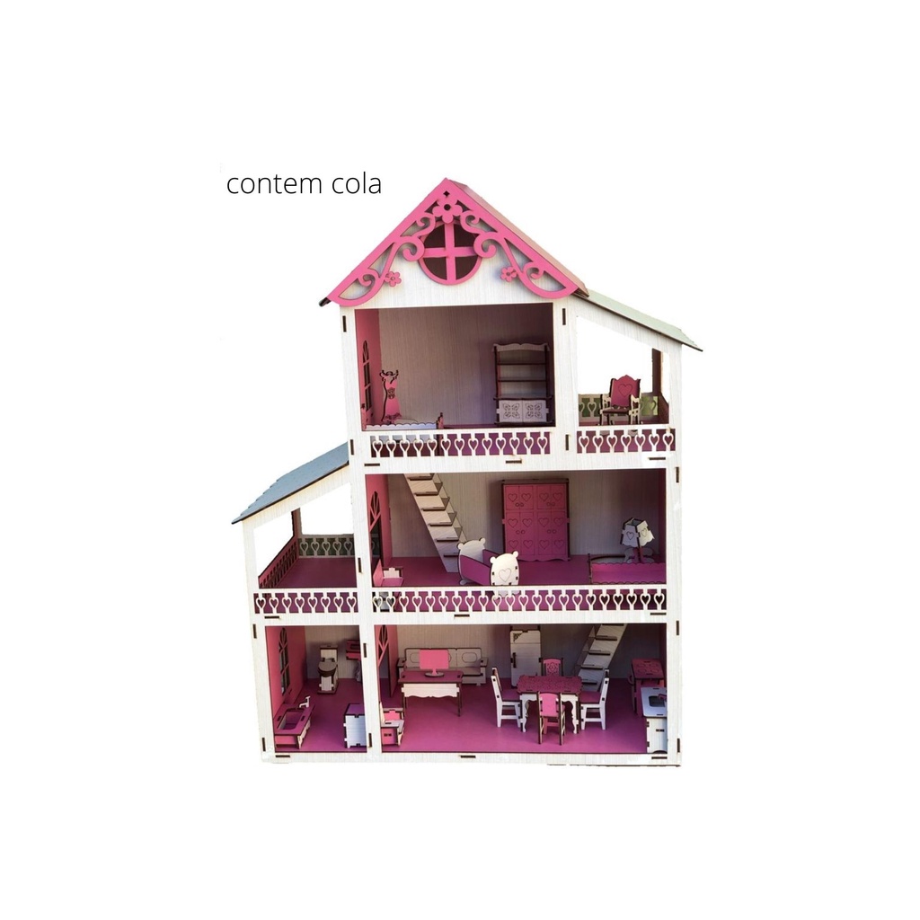 Casa De Boneca Barbie Completa Mdf Branca E Rosa + Kit