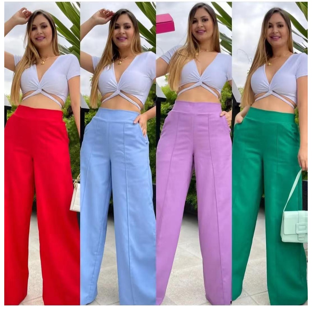 Calça Feminina Pantalona Linho com Cinto em até 10x Sem Juros