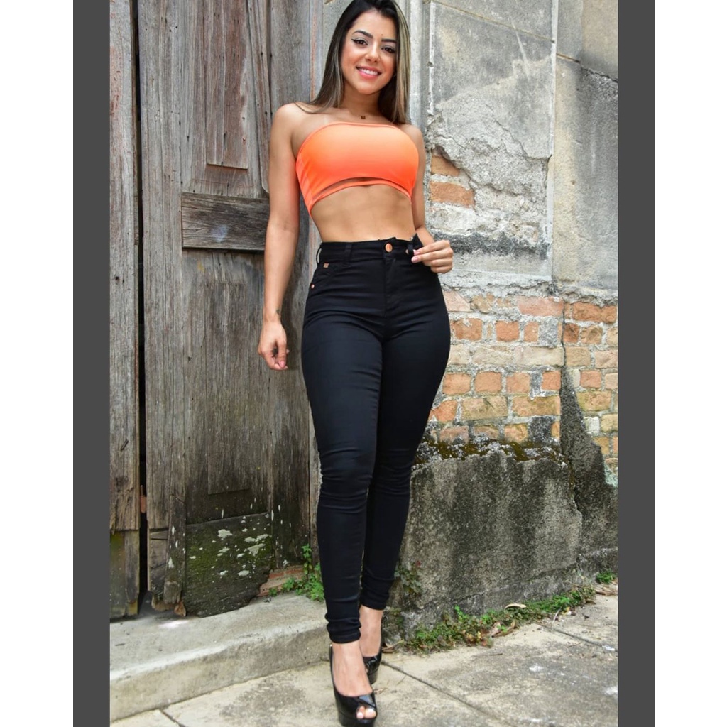 Calça jeans preta skinny cós alto com lycra black justa estica