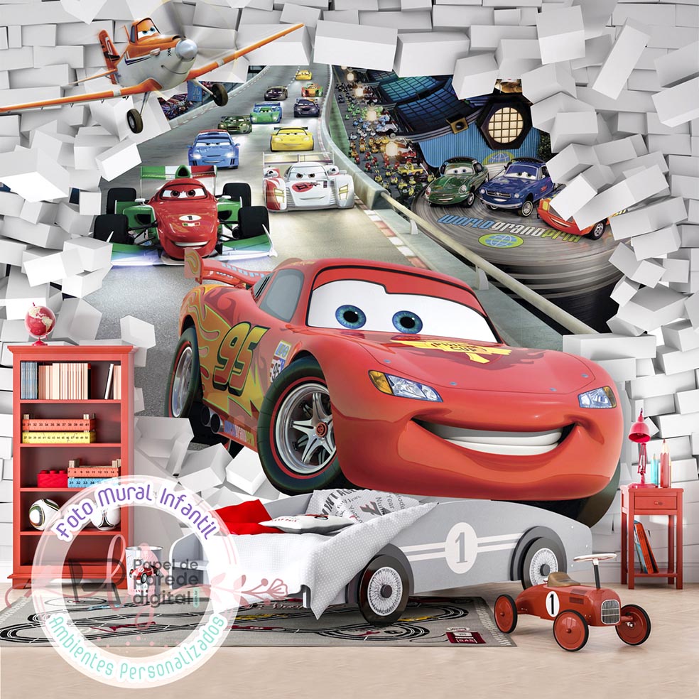 Mural de parede carros corrida de carro de desenho animado