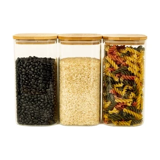 Kit 3 potes de vidro herméticos quadrados com tampa de bambu 1,4L - Oikos