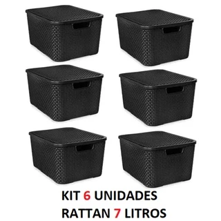 Kit 6 Caixa Organizadora Cesto Organizador Com Tampa 7 Litros Multiuso Rattan Preto