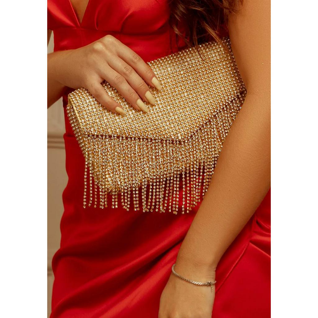 Bolsa Feminina de Festa com Strass e Franjas Clutch Dourada Brilho ...