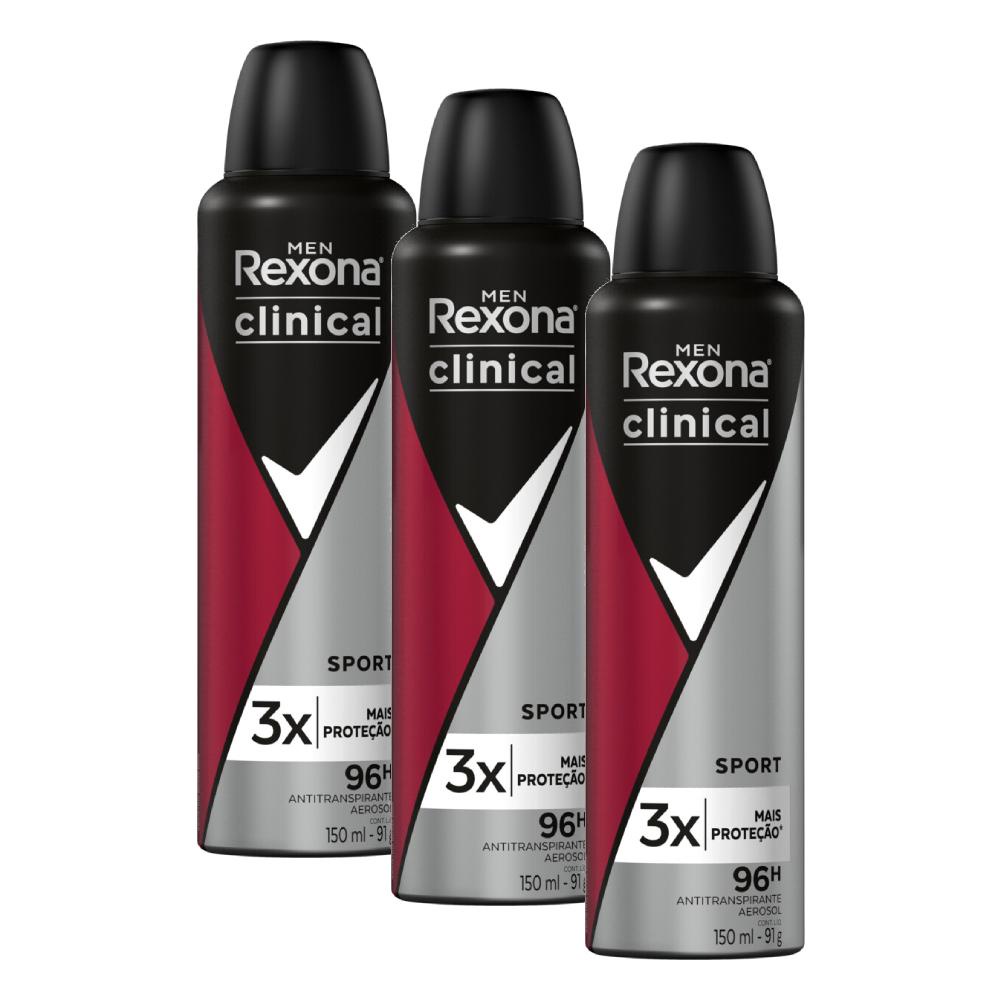 Desodorante Rexona Clinical aerosol masculino 91g-150ml clean 96 horas  proteção antitranspirante azul