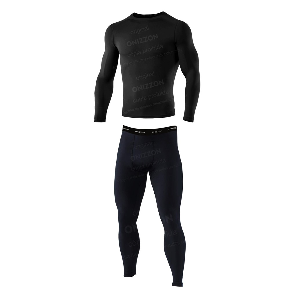 Conjunto Térmico Academia Frio Compressão Calça e Camiseta Rash Guard Lisa Preto e Branco