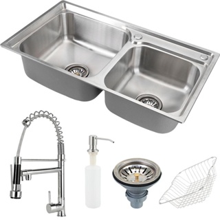 Cuba para cozinha pia dupla com acessórios Ticunas e Torneira monocomando gourmet Munim Pingoo