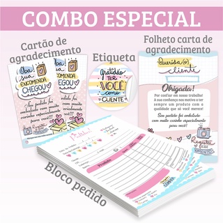 Combo Especial Agradecimento ao Cliente - Bloco Pedido, Cartão, Folheto e , Etiqueta Agradecimento ao cliente- Tag Adesivo Carta